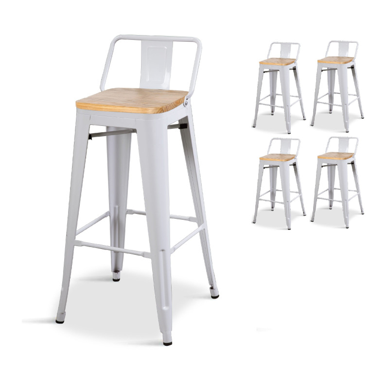 Lot de 4 tabourets de bar en métal blanc mat style industriel avec dossier et assise en bois clair - Hauteur 76 cm