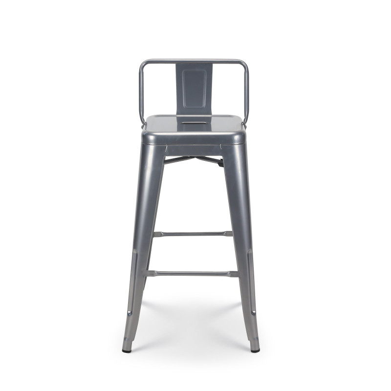 Lot de 4 tabourets de bar en métal gris argenté aspect brillant style industriel - Avec dossier - Hauteur 66cm