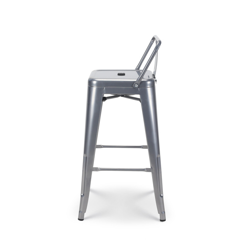Lot de 4 tabourets de bar en métal gris argenté aspect brillant style industriel - Avec dossier - Hauteur 66cm