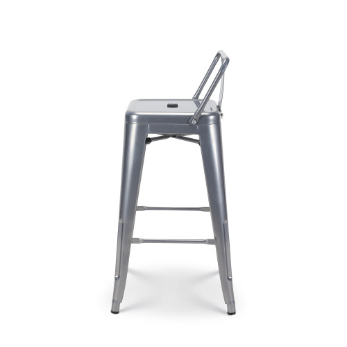 Lot de 4 tabourets de bar en métal gris argenté aspect brillant style industriel - Avec dossier - Hauteur 66cm