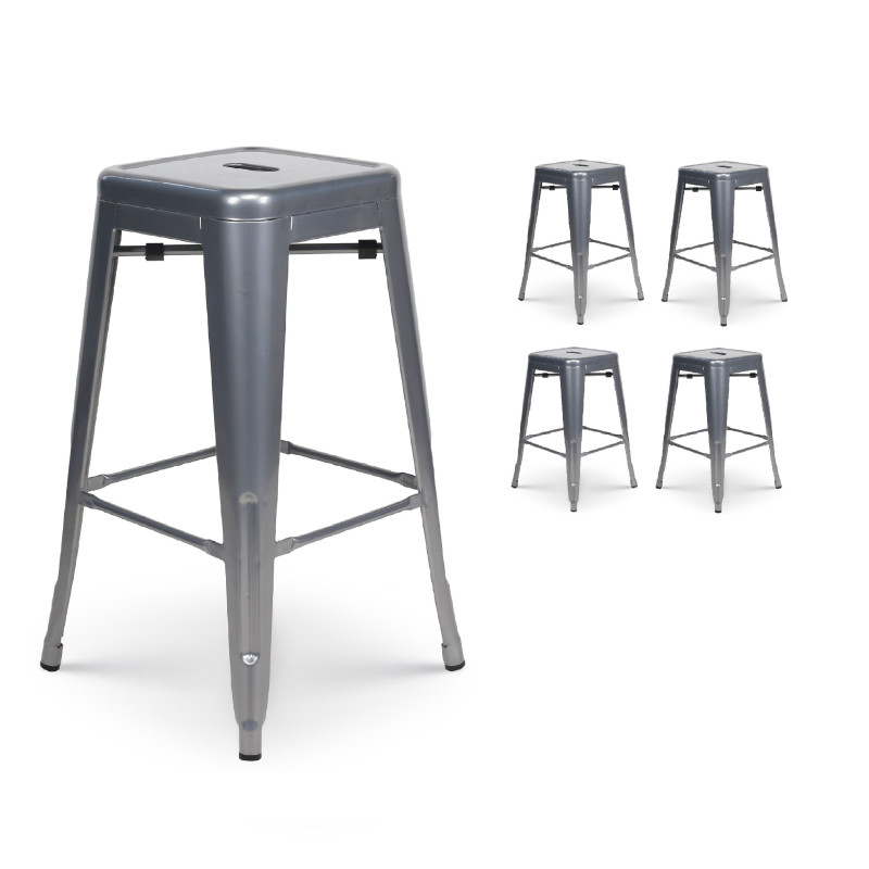 Lot de 4 tabourets de bar en métal gris argenté brillant style industriel - Hauteur 66 cm