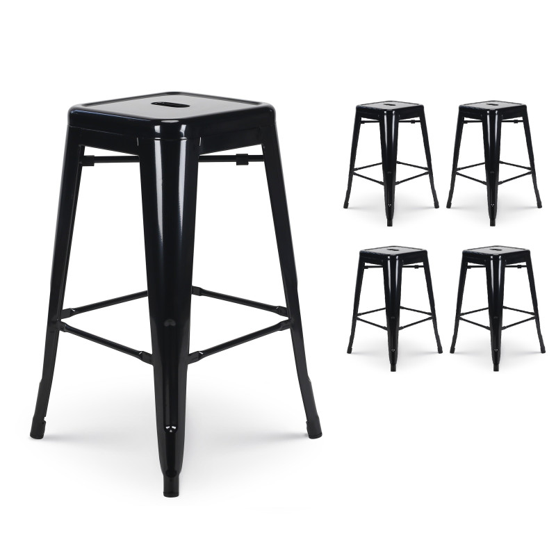 Lot de 4 tabourets de bar en métal noir brillant style industriel - Sans dossier - Hauteur 66 cm