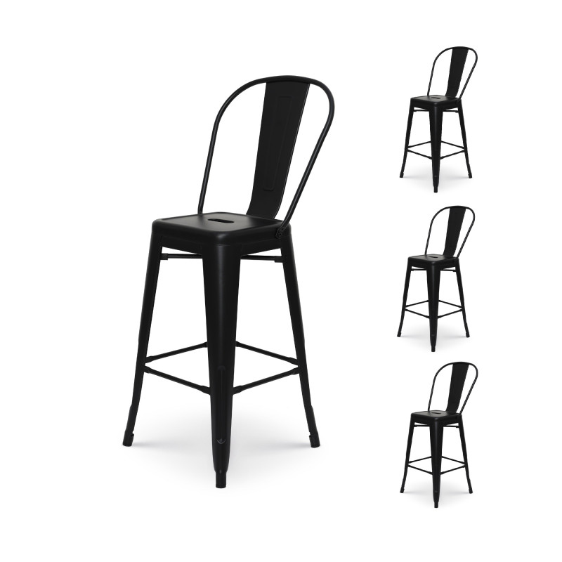 Lot de 4 tabourets de bar en métal noir mat style industriel - Avec dossier haut - Hauteur 66cm