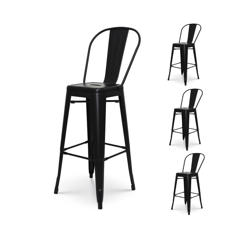 Lot de 4 tabourets de bar en métal noir mat style industriel - Avec dossier haut - Hauteur 76 cm