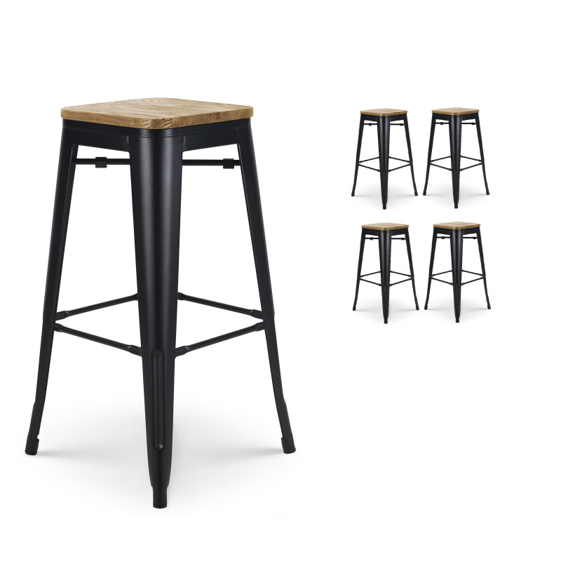 Lot de 4 tabourets de bar en métal noir mat style industriel et assise en bois clair - Hauteur 76 cm