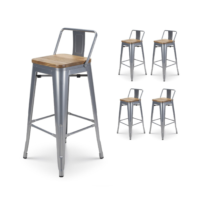 Lot de 4 tabourets de bar en métal silver style industriel avec dossier et assise en bois clair - Hauteur 66 cm