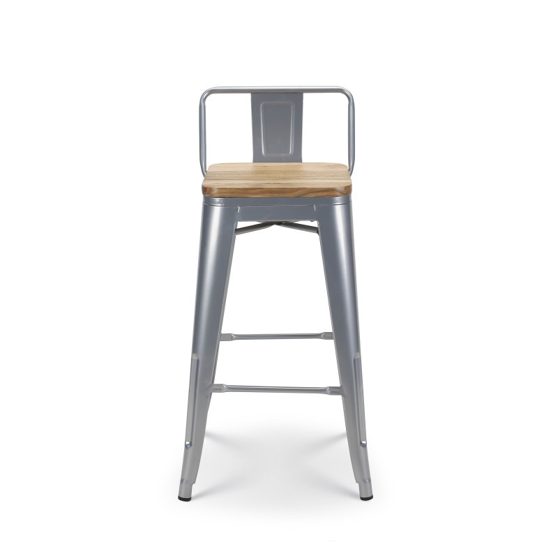 Lot de 4 tabourets de bar en métal silver style industriel avec dossier et assise en bois clair - Hauteur 66 cm