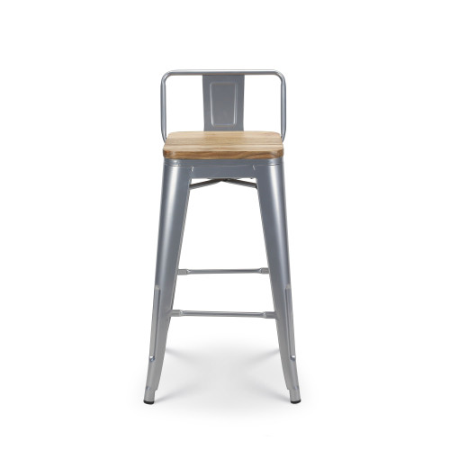 Lot de 4 tabourets de bar en métal silver style industriel avec dossier et assise en bois clair - Hauteur 66 cm