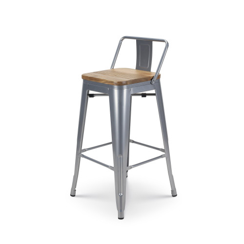 Lot de 4 tabourets de bar en métal silver style industriel avec dossier et assise en bois clair - Hauteur 66 cm