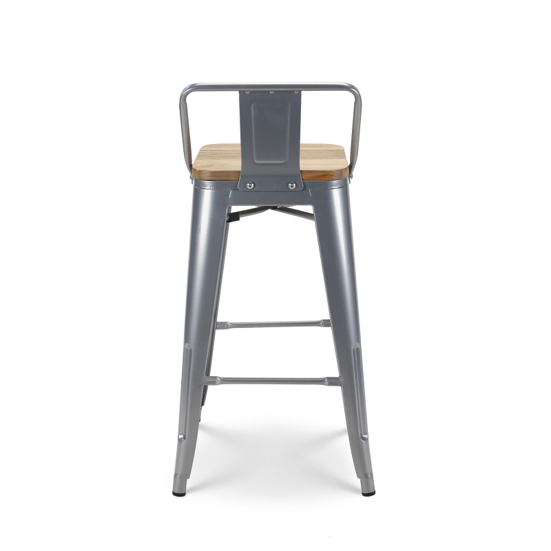 Lot de 4 tabourets de bar en métal silver style industriel avec dossier et assise en bois clair - Hauteur 66 cm