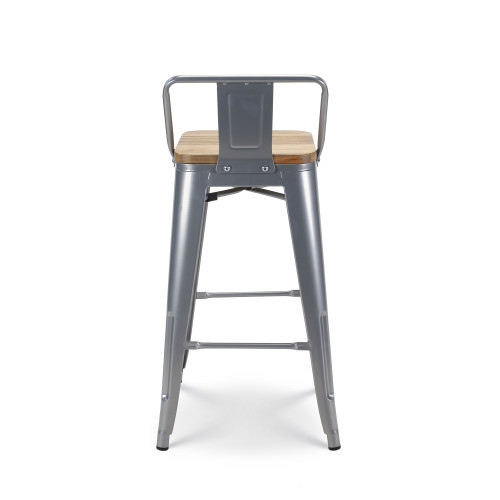 Lot de 4 tabourets de bar en métal silver style industriel avec dossier et assise en bois clair - Hauteur 66 cm