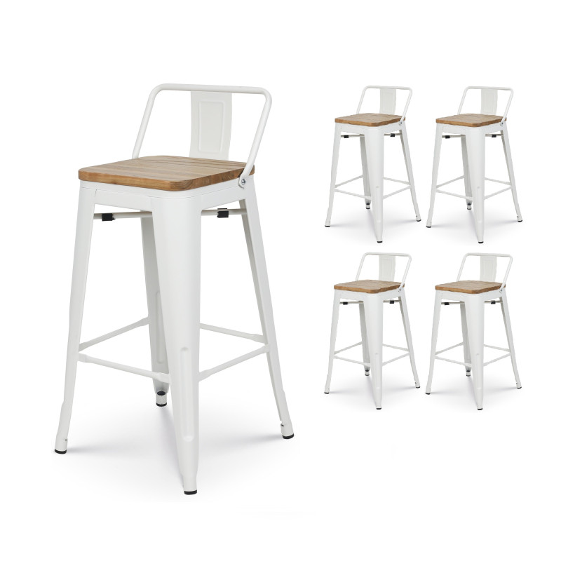 Lot de 4 tabourets en métal blanc mat style industriel avec dossier et assise en bois clair - Hauteur 66cm