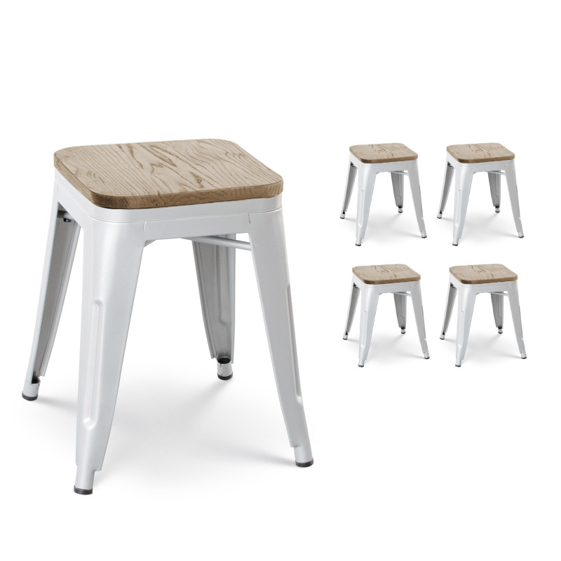 Lot de 4 tabourets en métal blanc mat style industriel et assise en bois clair - Hauteur 46 cm