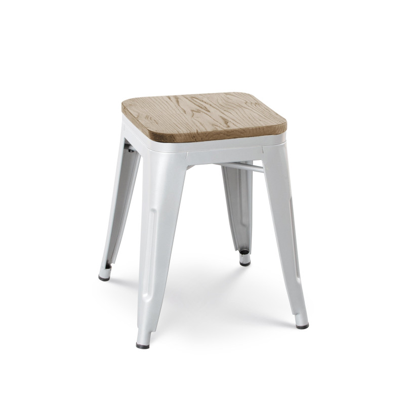 Lot de 4 tabourets en métal blanc mat style industriel et assise en bois clair - Hauteur 46 cm