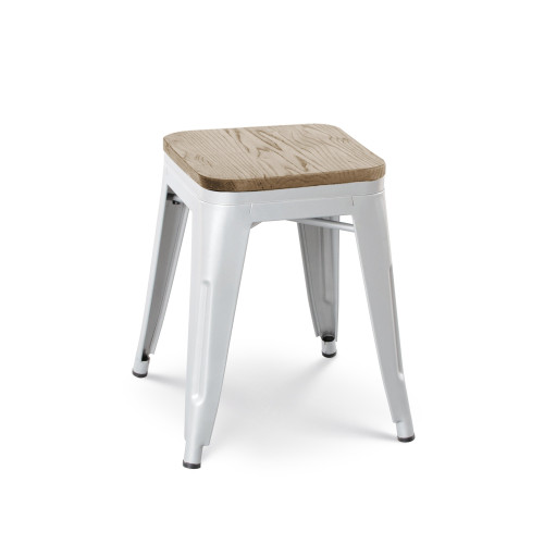 Lot de 4 tabourets en métal blanc mat style industriel et assise en bois clair - Hauteur 46 cm