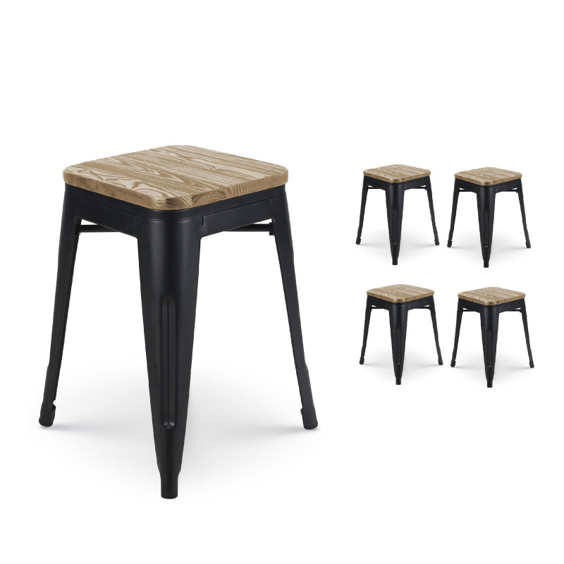 Lot de 4 tabourets en métal noir mat style industriel et assise en bois clair - Hauteur 46 cm