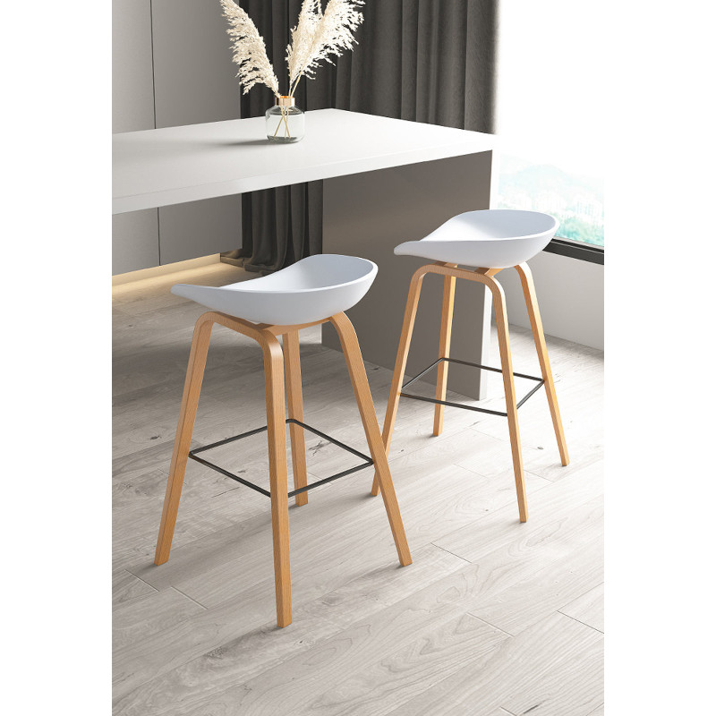 Lot de 4 tabourets scandinaves blancs et pieds en bois naturel - Hauteur 76 cm