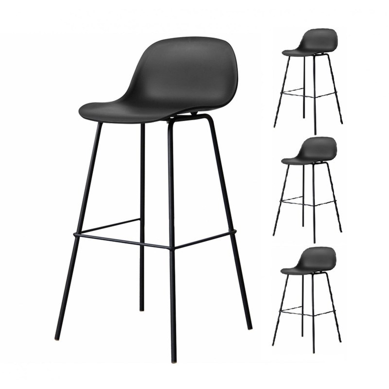 Lot de 4 tabourets scandinaves noir en résine et pieds en métal - Hauteur 76 cm