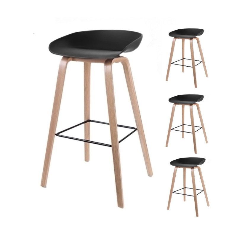 Lot de 4 tabourets scandinaves noirs et pieds en bois naturel - Hauteur 66 cm