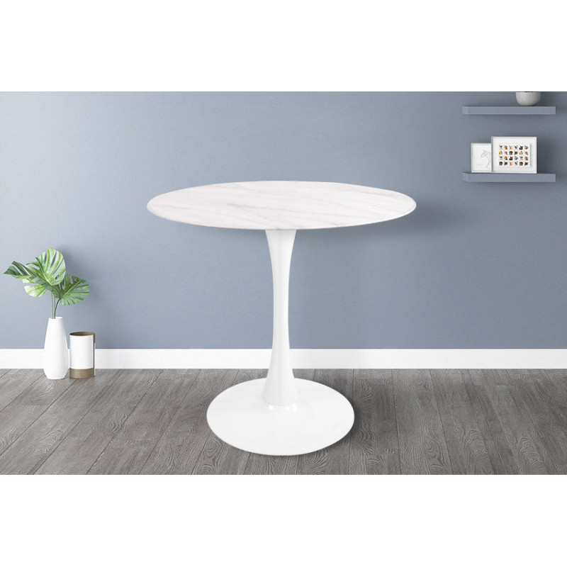 Table ronde en verre design avec plateau style marbre blanc