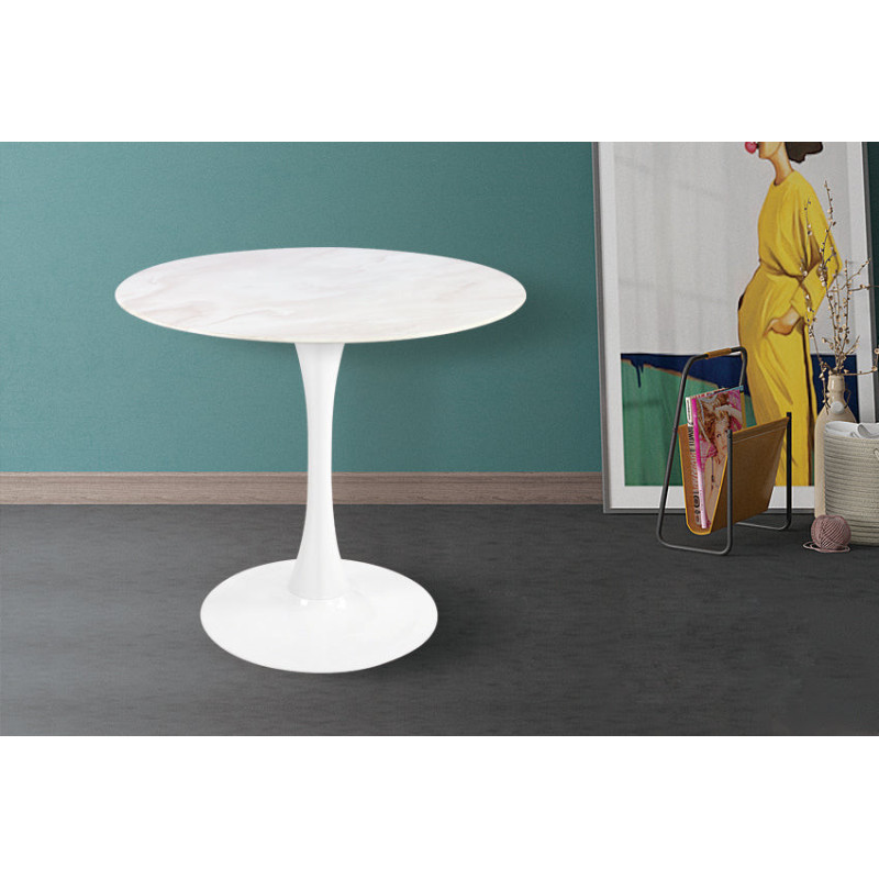 Table ronde en verre design avec plateau style marbre blanc
