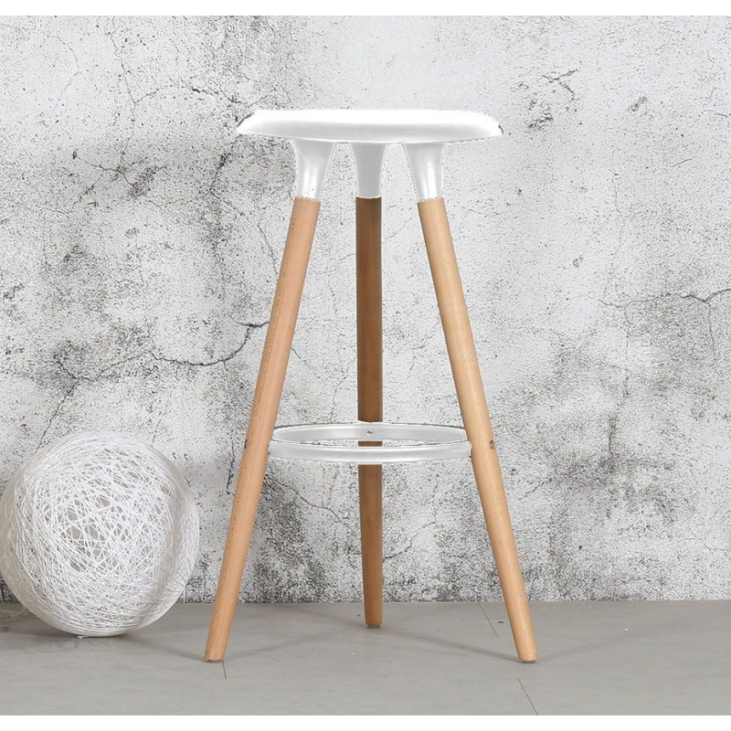 Tabouret Blanc Style scandinave Oslo avec Coque en résine Blanche et Pieds en Bois Naturel