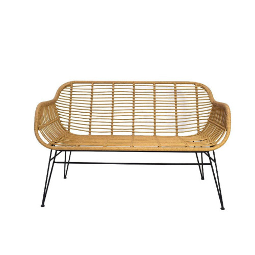 Banc style nature aspect rotin en résine tressée et pieds en métal noir