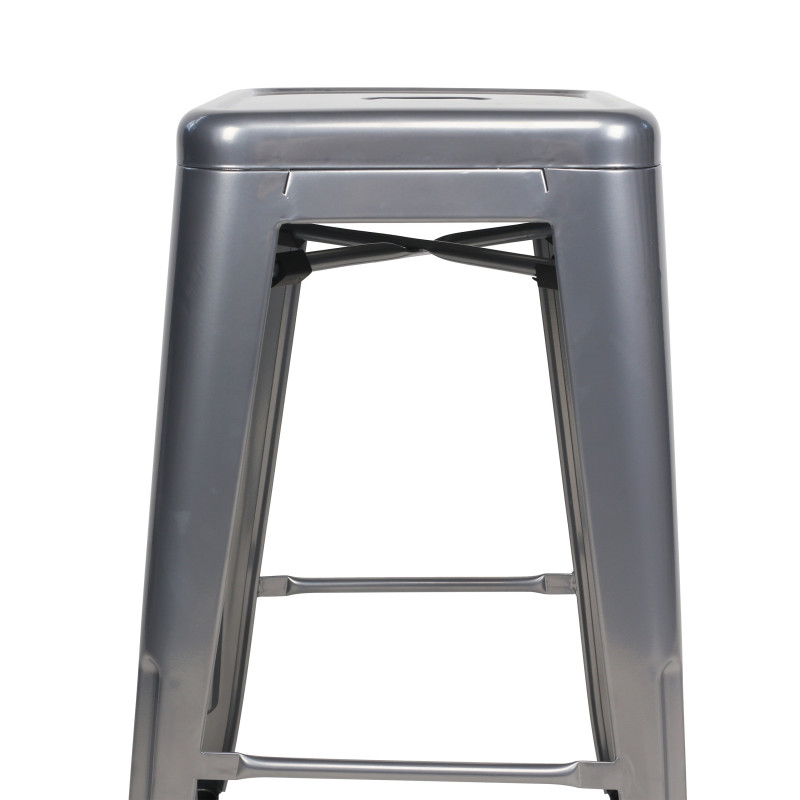 Tabouret de bar en métal gris argenté brillant style industriel - Sans dossier - Hauteur 66 cm