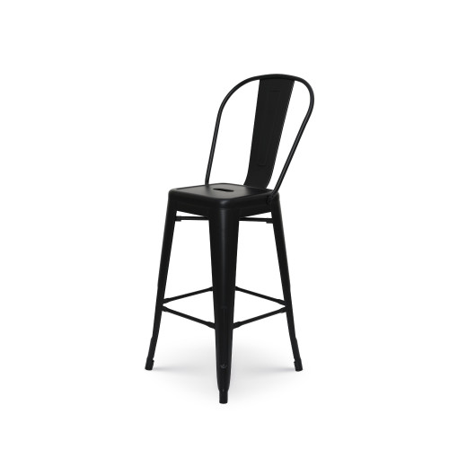 Tabouret de bar en métal noir mat style industriel - Avec dossier haut - Hauteur 66cm