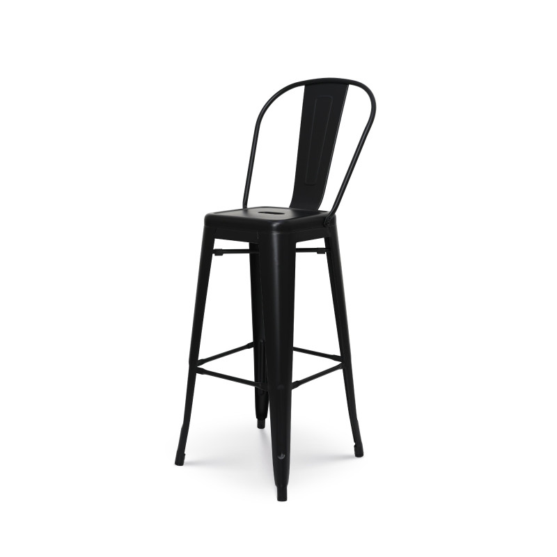 Tabouret de bar en métal noir mat style industriel - Avec dossier haut - Hauteur 76 cm