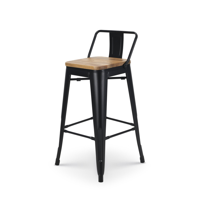 Tabouret de bar en métal noir mat style industriel avec dossier et assise en bois clair - Hauteur 66cm