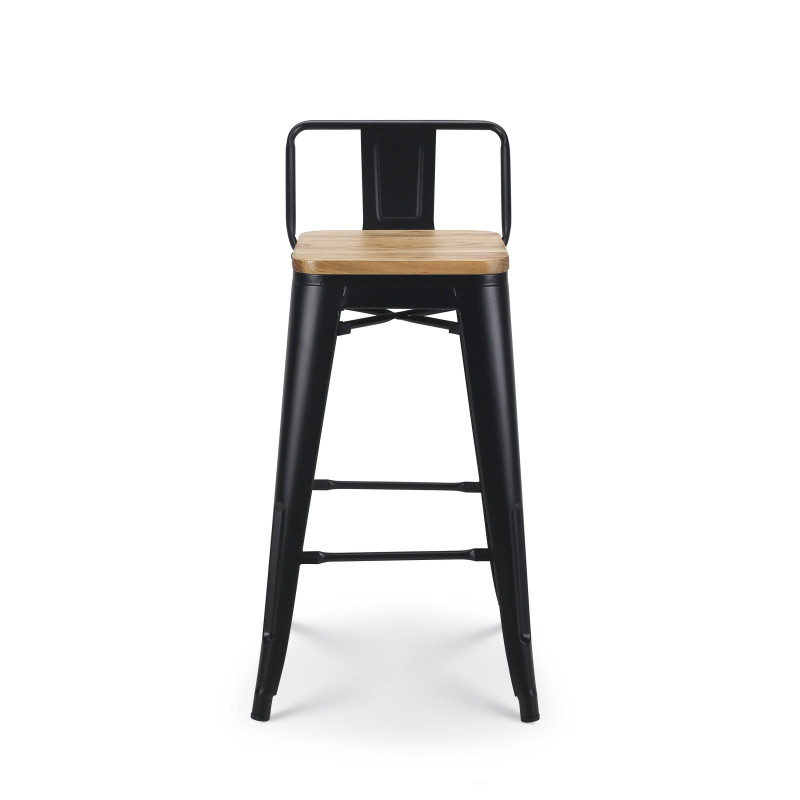Tabouret de bar en métal noir mat style industriel avec dossier et assise en bois clair - Hauteur 66cm