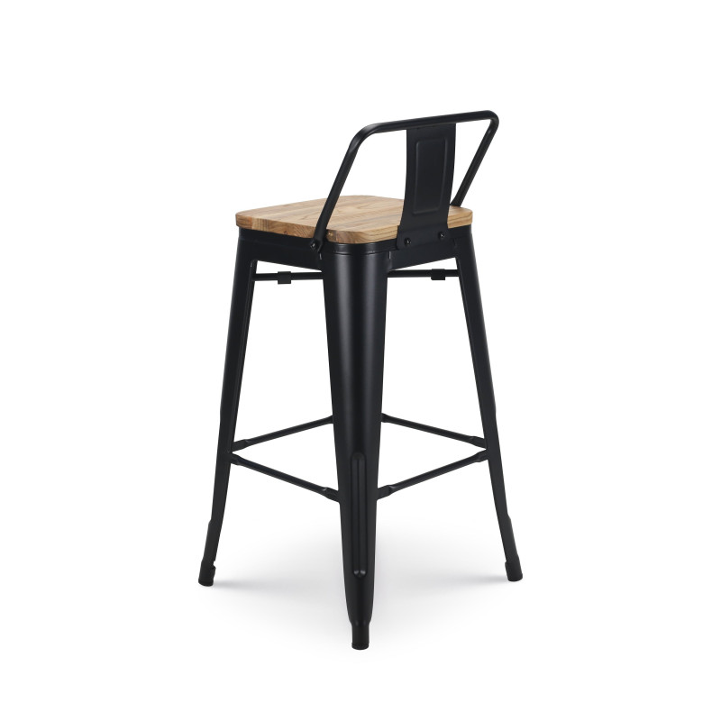 Tabouret de bar en métal noir mat style industriel avec dossier et assise en bois clair - Hauteur 66cm