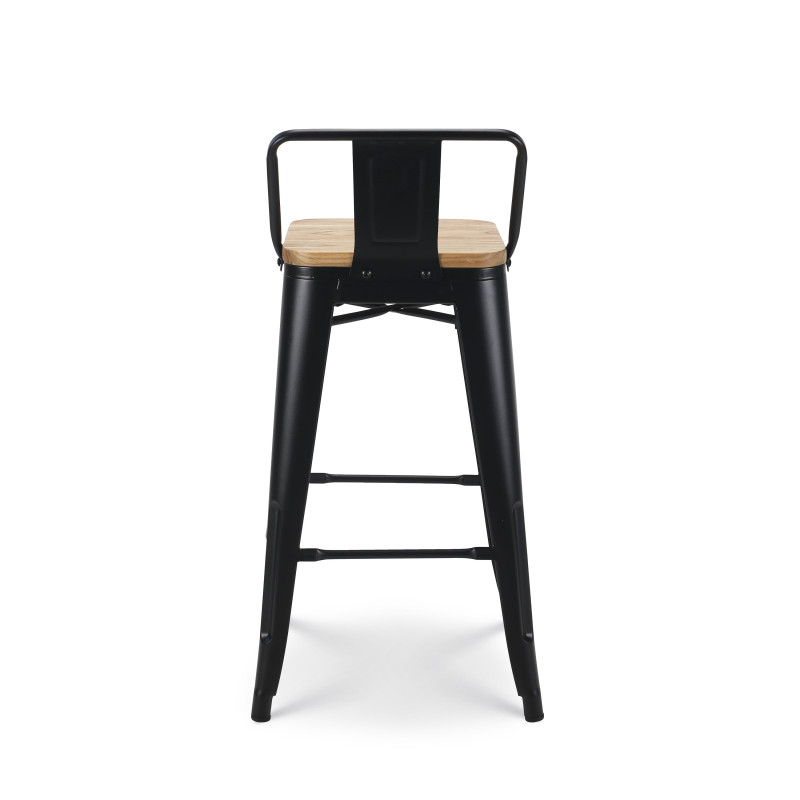 Tabouret de bar en métal noir mat style industriel avec dossier et assise en bois clair - Hauteur 66cm