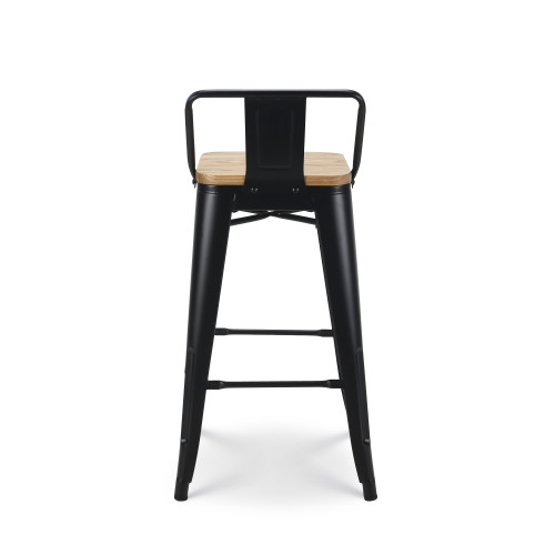 Tabouret de bar en métal noir mat style industriel avec dossier et assise en bois clair - Hauteur 66cm