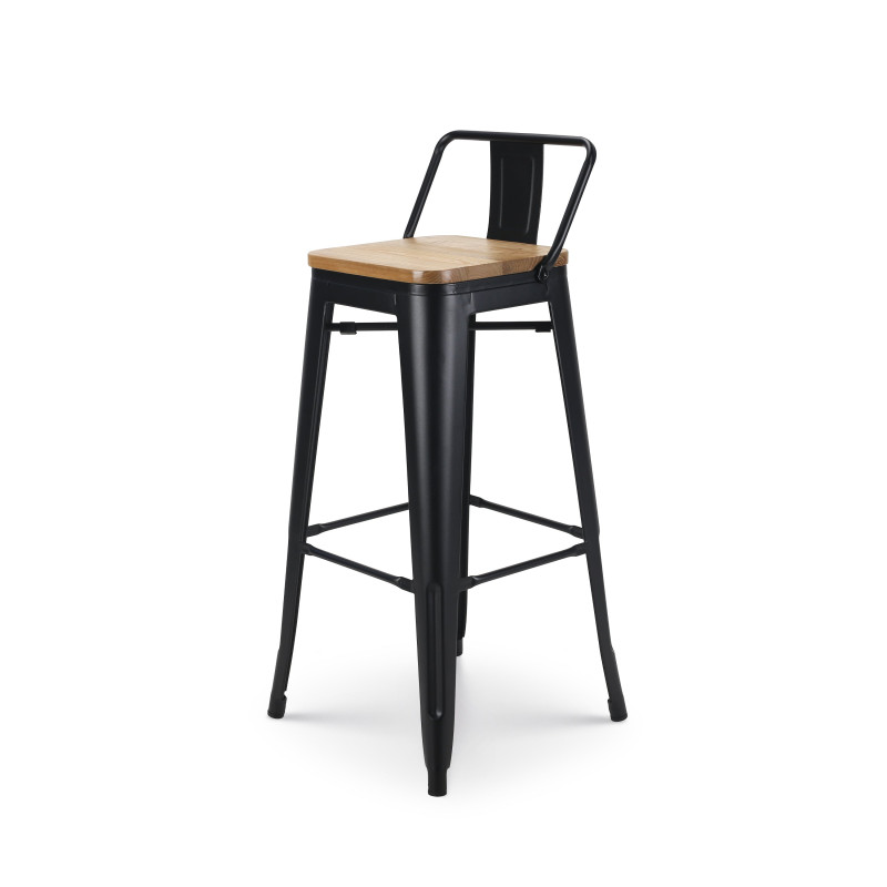 Tabouret de bar en métal noir mat style industriel avec dossier et assise en bois clair - Hauteur 76 cm