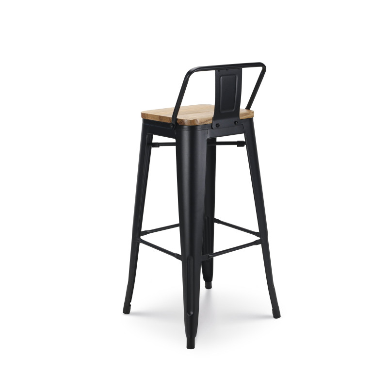 Tabouret de bar en métal noir mat style industriel avec dossier et assise en bois clair - Hauteur 76 cm