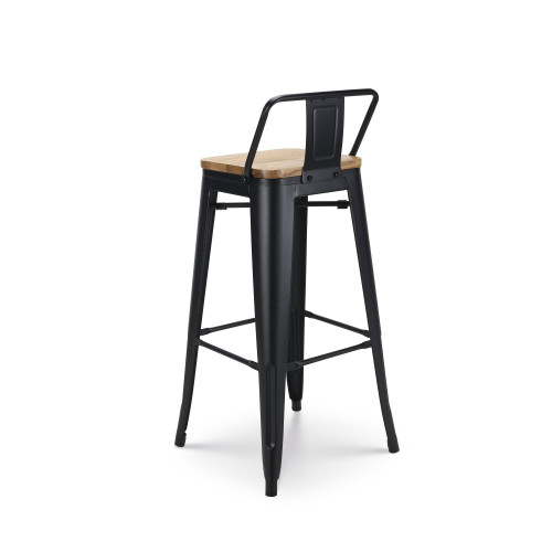 Tabouret de bar en métal noir mat style industriel avec dossier et assise en bois clair - Hauteur 76 cm