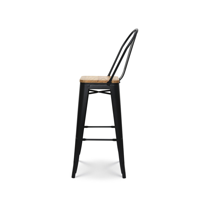Tabouret de bar en métal noir mat style industriel avec dossier haut et assise en bois clair - Hauteur 76 cm