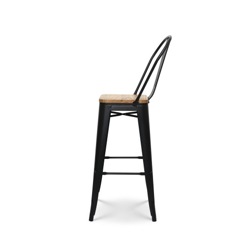 Tabouret de bar en métal noir mat style industriel avec dossier haut et assise en bois clair - Hauteur 76 cm