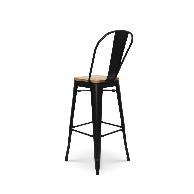 Tabouret de bar en métal noir mat style industriel avec dossier haut et assise en bois clair - Hauteur 76 cm