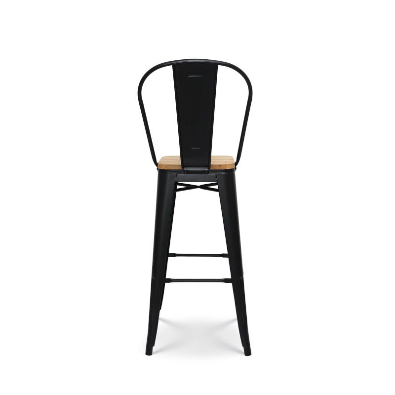 Tabouret de bar en métal noir mat style industriel avec dossier haut et assise en bois clair - Hauteur 76 cm
