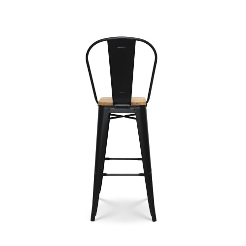 Tabouret de bar en métal noir mat style industriel avec dossier haut et assise en bois clair - Hauteur 76 cm