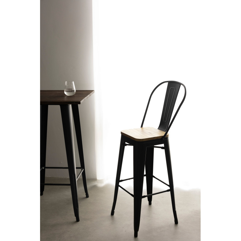 Tabouret de bar en métal noir mat style industriel avec dossier haut et assise en bois clair - Hauteur 76 cm
