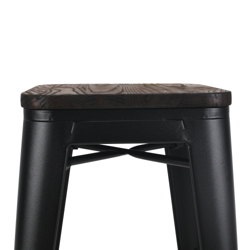 Tabouret de bar en métal noir mat style industriel et assise en bois foncé - Hauteur 66 cm