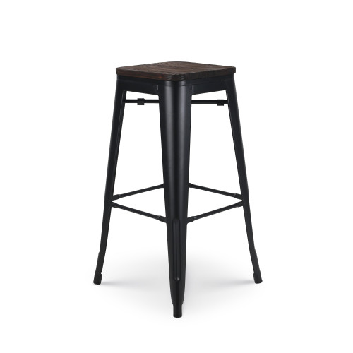 Tabouret de bar en métal noir mat style industriel et assise en bois foncé - Hauteur 76 cm