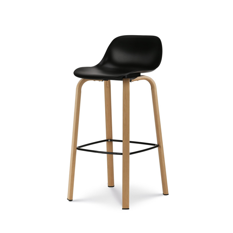 Tabouret de bar noir style scandinave avec pieds effet bois en métal - Hauteur 66cm