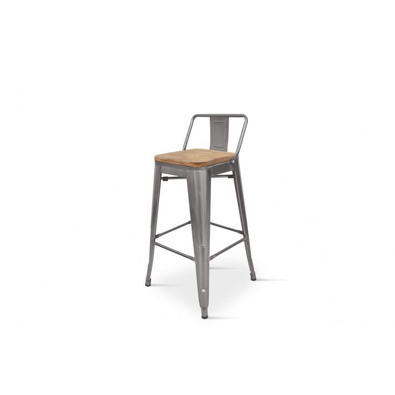 Tabouret de bar style industriel avec dossier en métal brut aspect galvanisé et assise en bois clair - Hauteur 76 cm