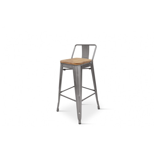 Tabouret de bar style industriel avec dossier en métal brut aspect galvanisé et assise en bois clair - Hauteur 76 cm