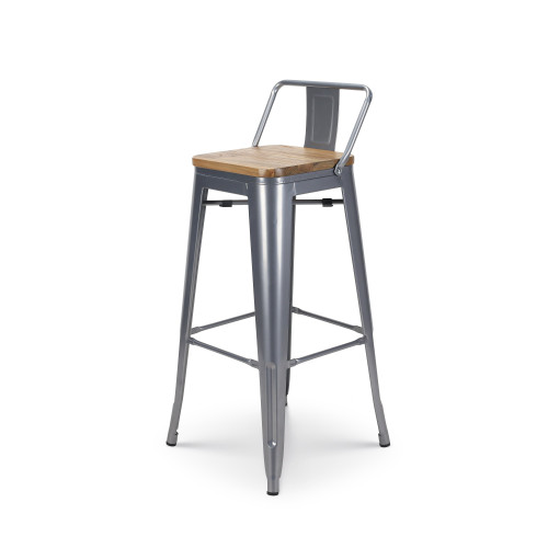 Tabouret de bar style industriel avec dossier en métal silver et assise en bois clair - Hauteur 76 cm